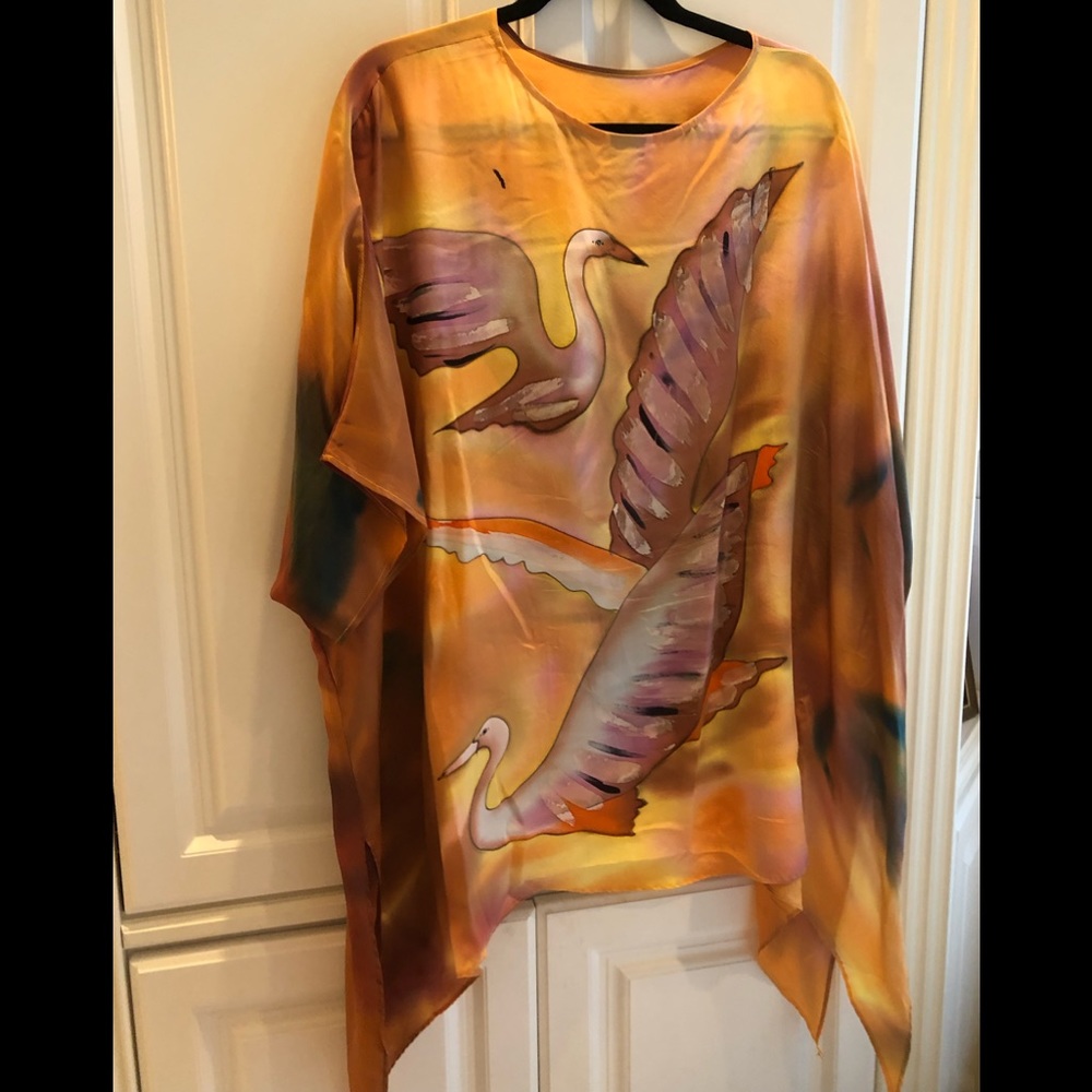🦢dilemma Dhun Shroff Dolman Sleeved Silk Scarf lightweight painted poncho tunic - Picture 2 of 10